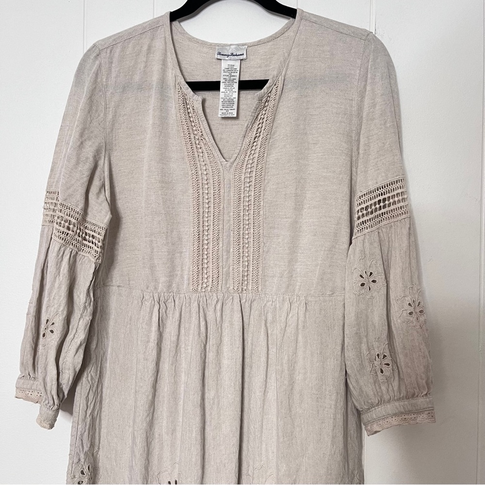 Tommy Bahama St. Lucia Linen Tan Eyelet Mini Dress Coastal Balloon Sleeve Size S - Picture 2 of 10